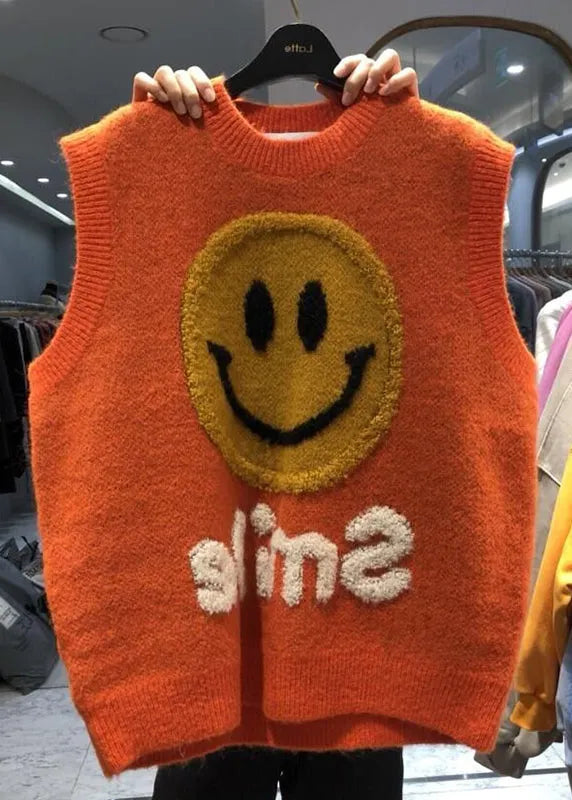 Orange O-neck Smile Jacquard Patchwork Knit Vest Sleeveless