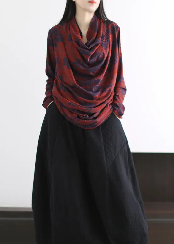 Style Red Turtle Neck Wrinkled Cotton Shirts Spring