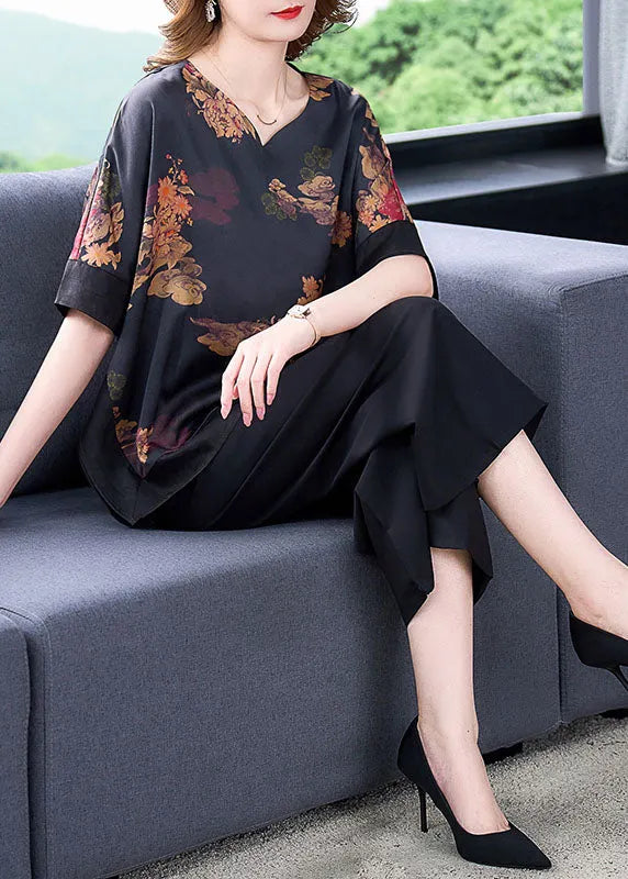 Handmade Black O-neck Asymmetrical Patchwork Print Silk Two Pieces Set Batwing Sleeve