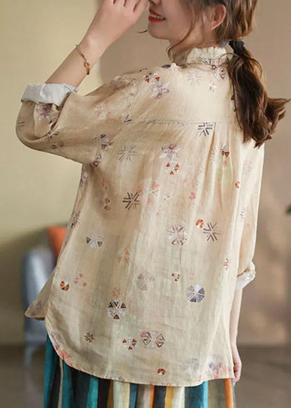 Stylish Khaki Wrinkled Print Ramie Linen Shirt Tops Spring
