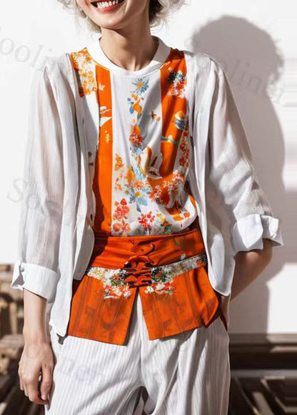 Stylish Orange O-neck Print Patchwork Fake Two Pieces Shirts Long Sleeve