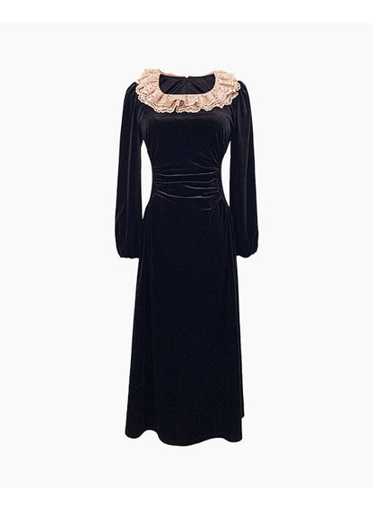 French Black Square Collar Lace Slim Fit Velour Dresses Spring