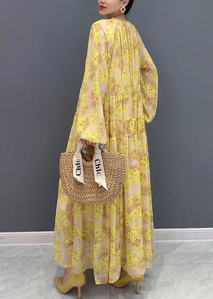Yellow V Neck Ruffled Print Chiffon Long Dresses Fall