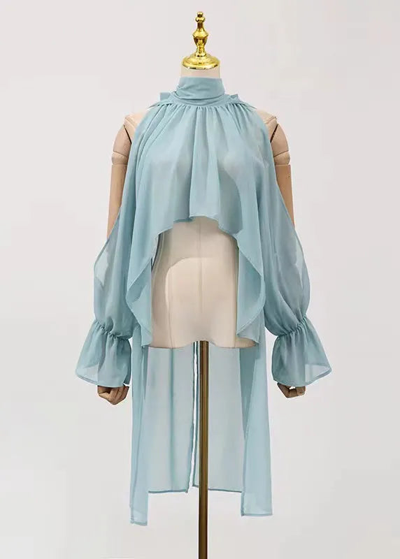 Loose Blue Cold Shoulder Wrinkled Chiffon Blouse Fall