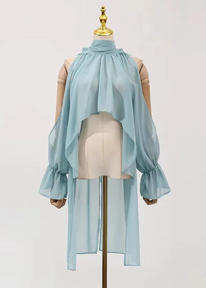 Loose Blue Cold Shoulder Wrinkled Chiffon Blouse Fall