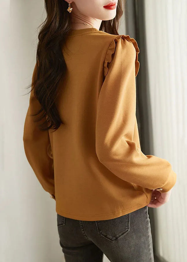 Loose Caramel O-neck Ruffled Button Cotton Sweatshirts Top Spring