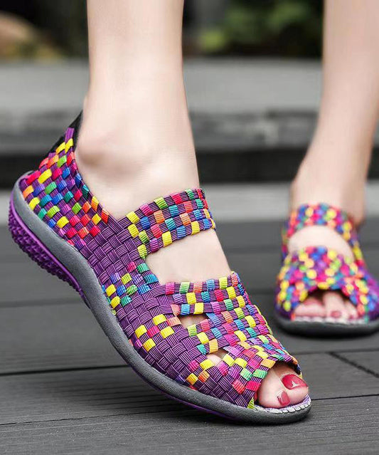 Knit Fabric Flat Shoes for Purple Splicing Peep Toe Soofairy Shoes-20251
