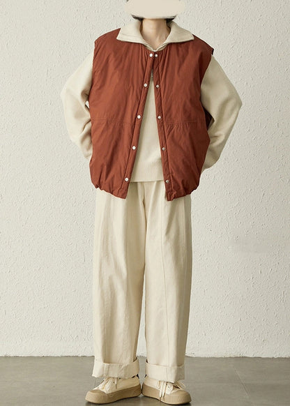 Brick Red Oversized Pockets Fine Cotton Filled Puffers Vests Winter