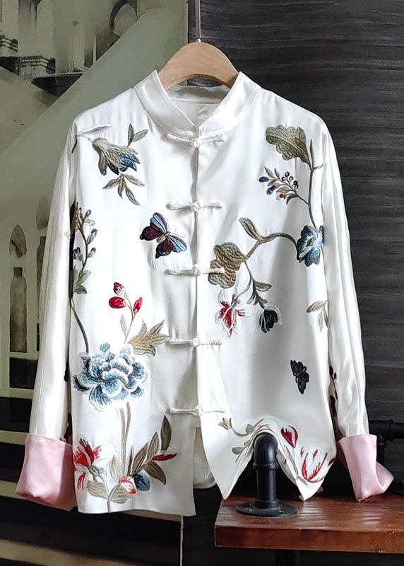 White Stand Collar Chinese Button Print Silk Tops Spring