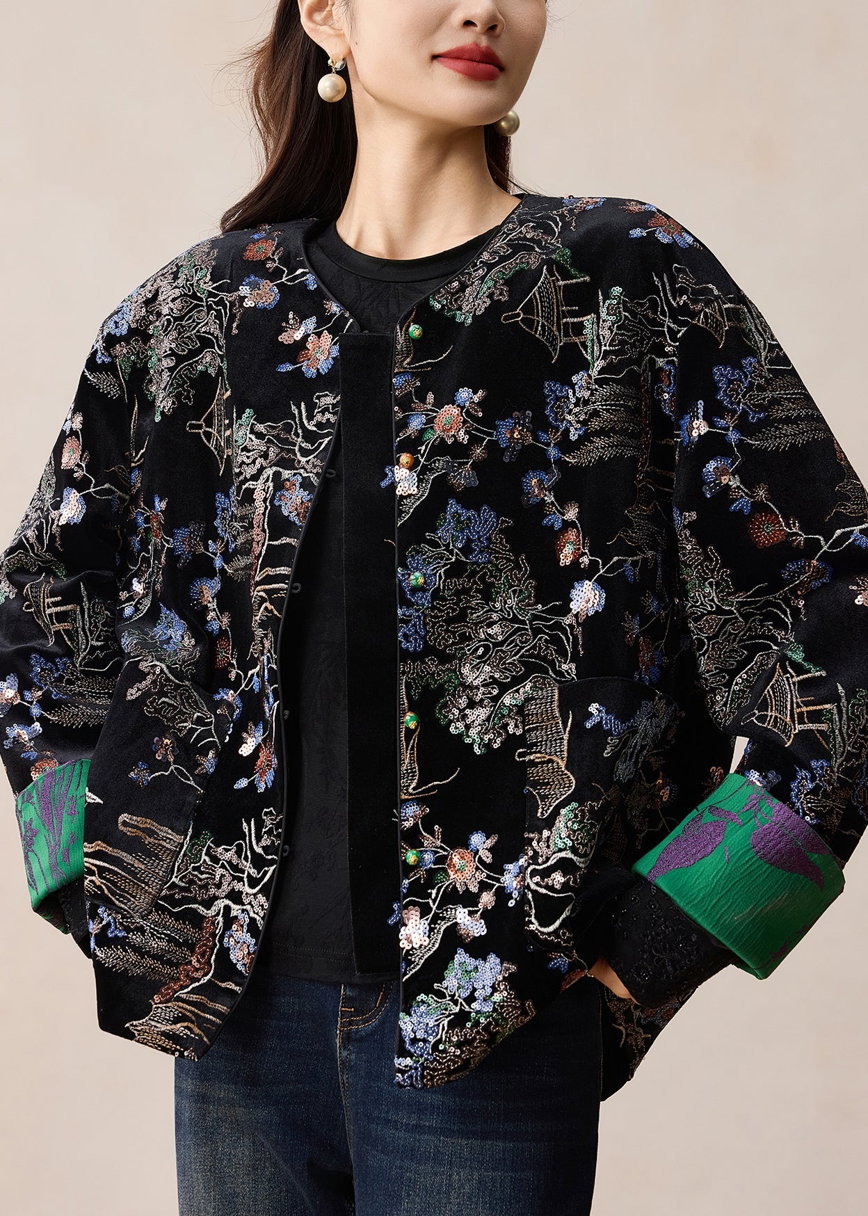Black Embroidered Sequins Silk Velvet Coats Winter
