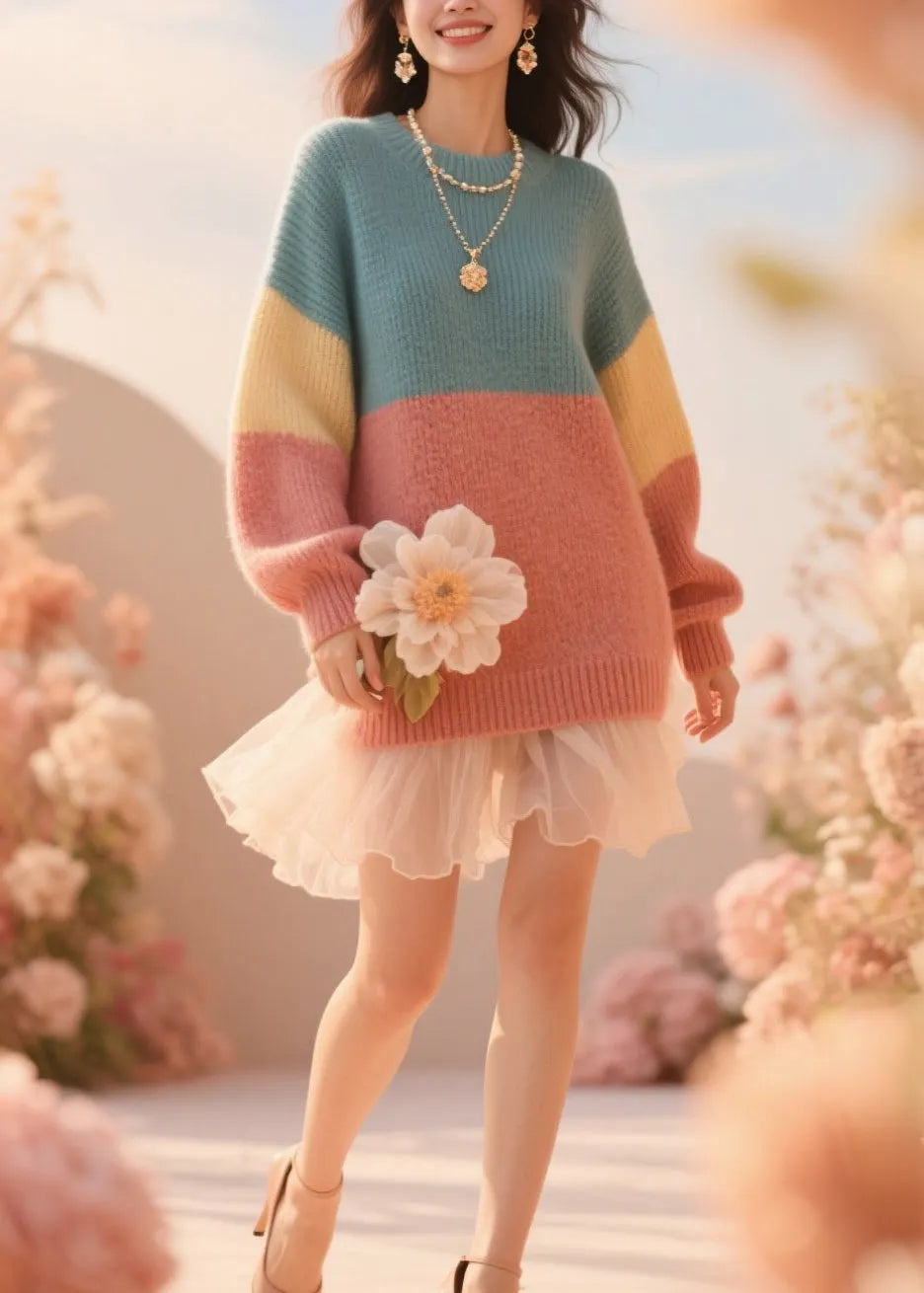 French Colorblock O Neck Knit Sweater Fall