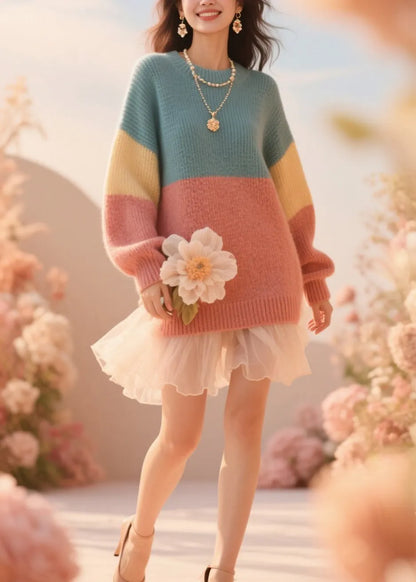 French Colorblock O Neck Knit Sweater Fall