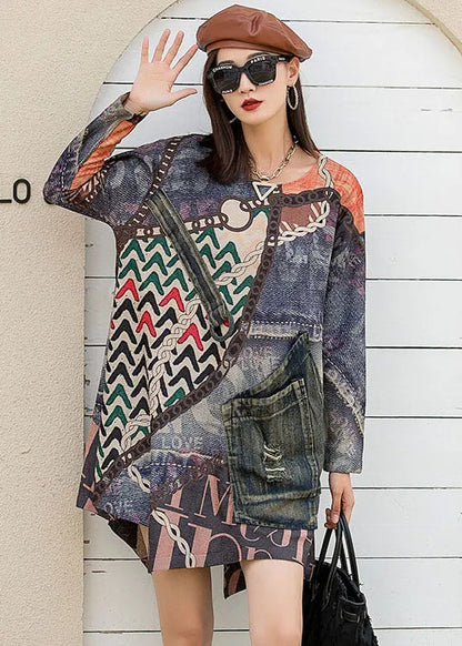O-neck Patchwork Asymmetrical Design Print Fall Knit Long Sleeve Top