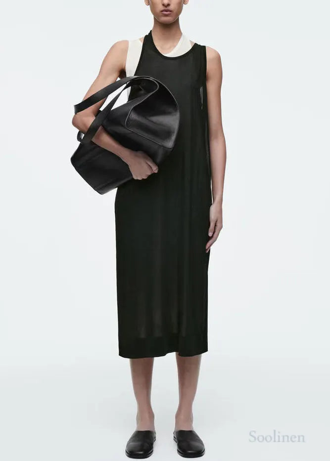 Italian Black Asymmetrical Design Layered Cotton Maxi Dress Summer