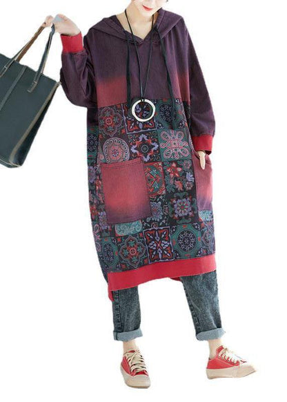 Mulberry Hooded Pockets Patchwork Print Fall Sweatshirts Dress