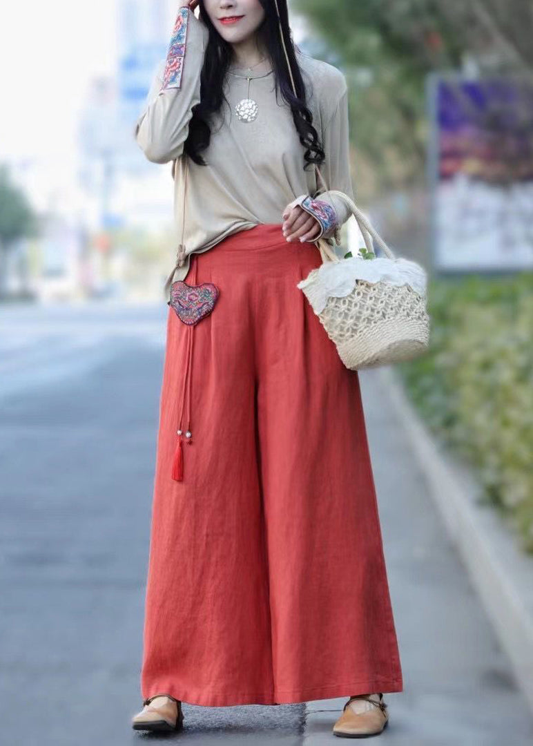 Unique Red Wrinkled Embroideried Pendant Linen Wide Leg Pants Spring