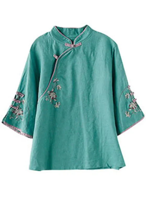 Green Embroideried Button Tops Half Sleeve