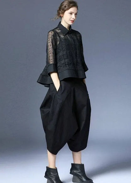 Black Peter Pan Collar Embroideried Tulle Two Pieces Set Summer