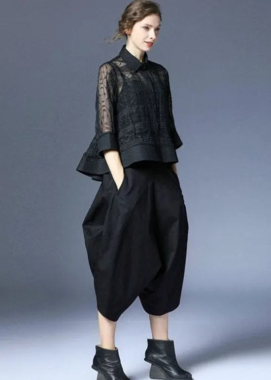 Black Peter Pan Collar Embroideried Tulle Two Pieces Set Summer