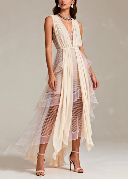 Beige V Neck Patchwork Mesh Long Dress Summer