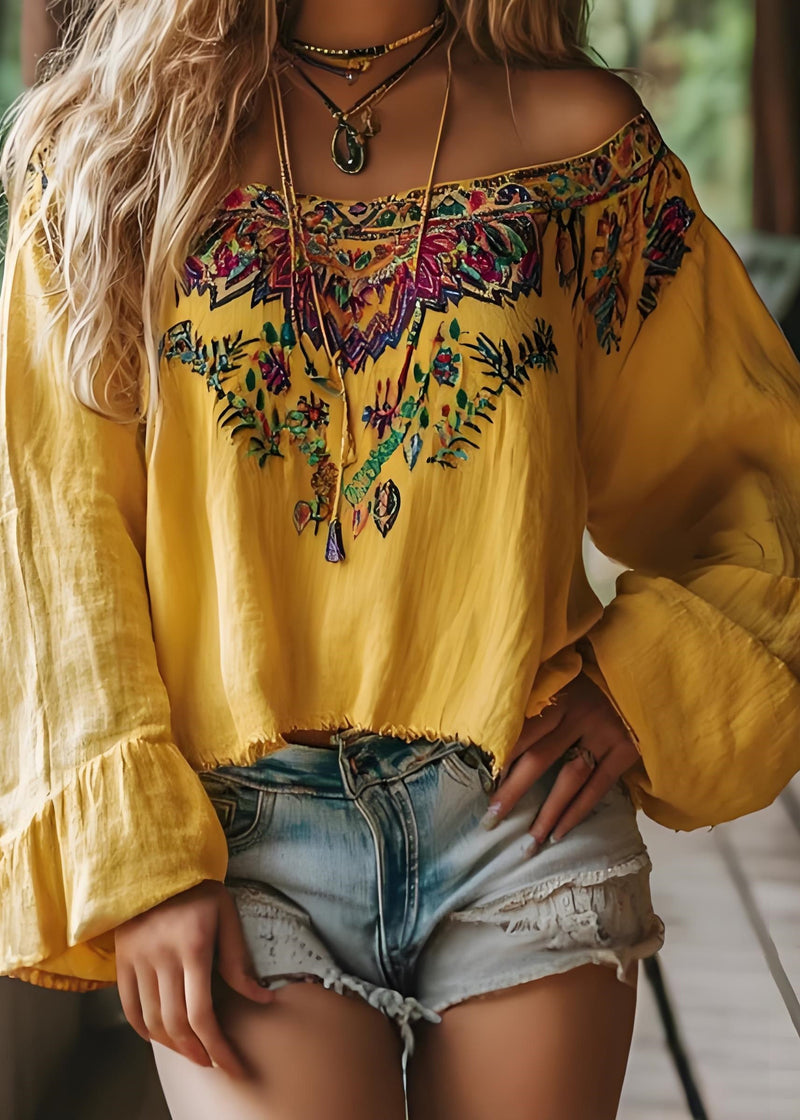 Yellow Slash Neck Print Cotton T Shirts Spring