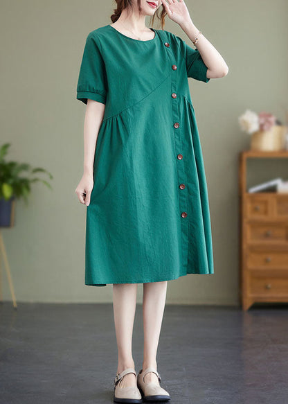 Green Patchwork Wrinkled Button Cotton Vacation Dresses Summer