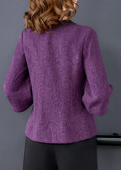 Purple V Neck Jacquard Patchwork Silk Shirts Bracelet Sleeve