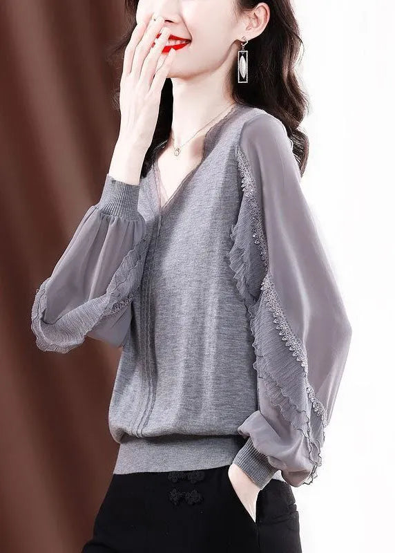 Style Grey V Neck Tulle Patchwork Ruffles Cotton Shirt Top Long Sleeve