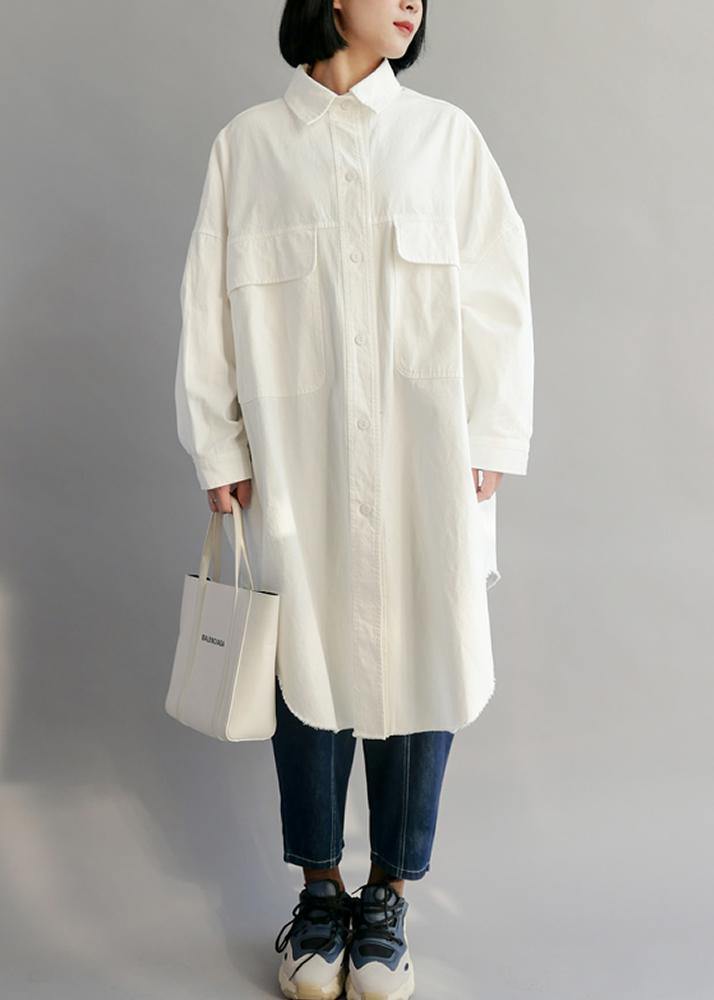 Natural White Cotton Clothes Big Pockets Shift Shirt Dress