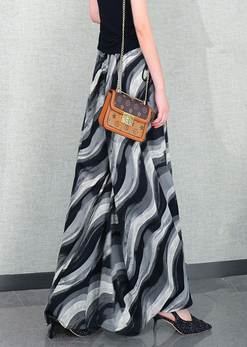 Loose Striped Pockets Elastic Waist Chiffon Pants Skirt Summer