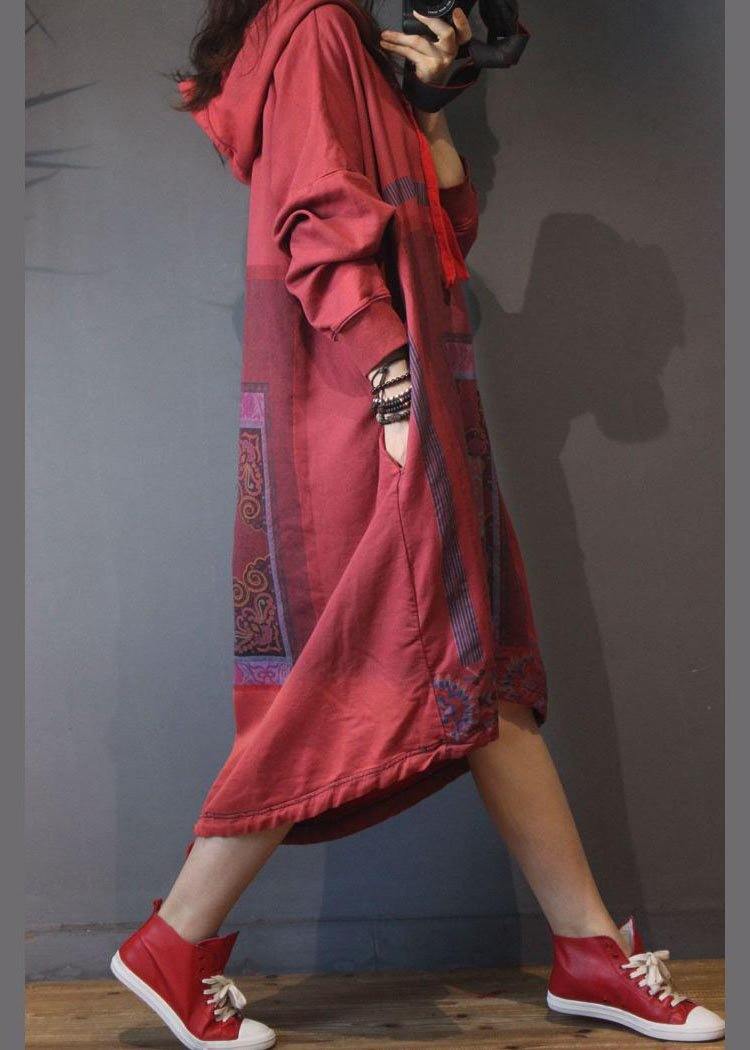 Natural Red Print Low High Design Dresses Summer Cotton Dress