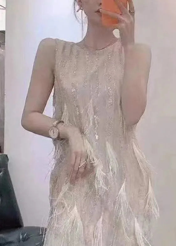 Dinner Beige O-neck Tassel Lace Maxi Dresses Summer