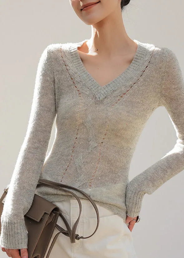 Grey V Neck Hollow Out Knit Top Spring
