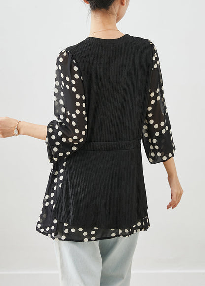 Black Cinched Patchwork Fake Two Piece Shirt Top Fall
