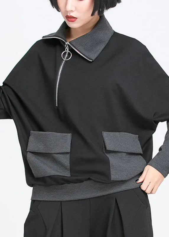 Organic Black Asymmetrical Design Zippered Pockets Patchwork Fall Top Long Sleeve