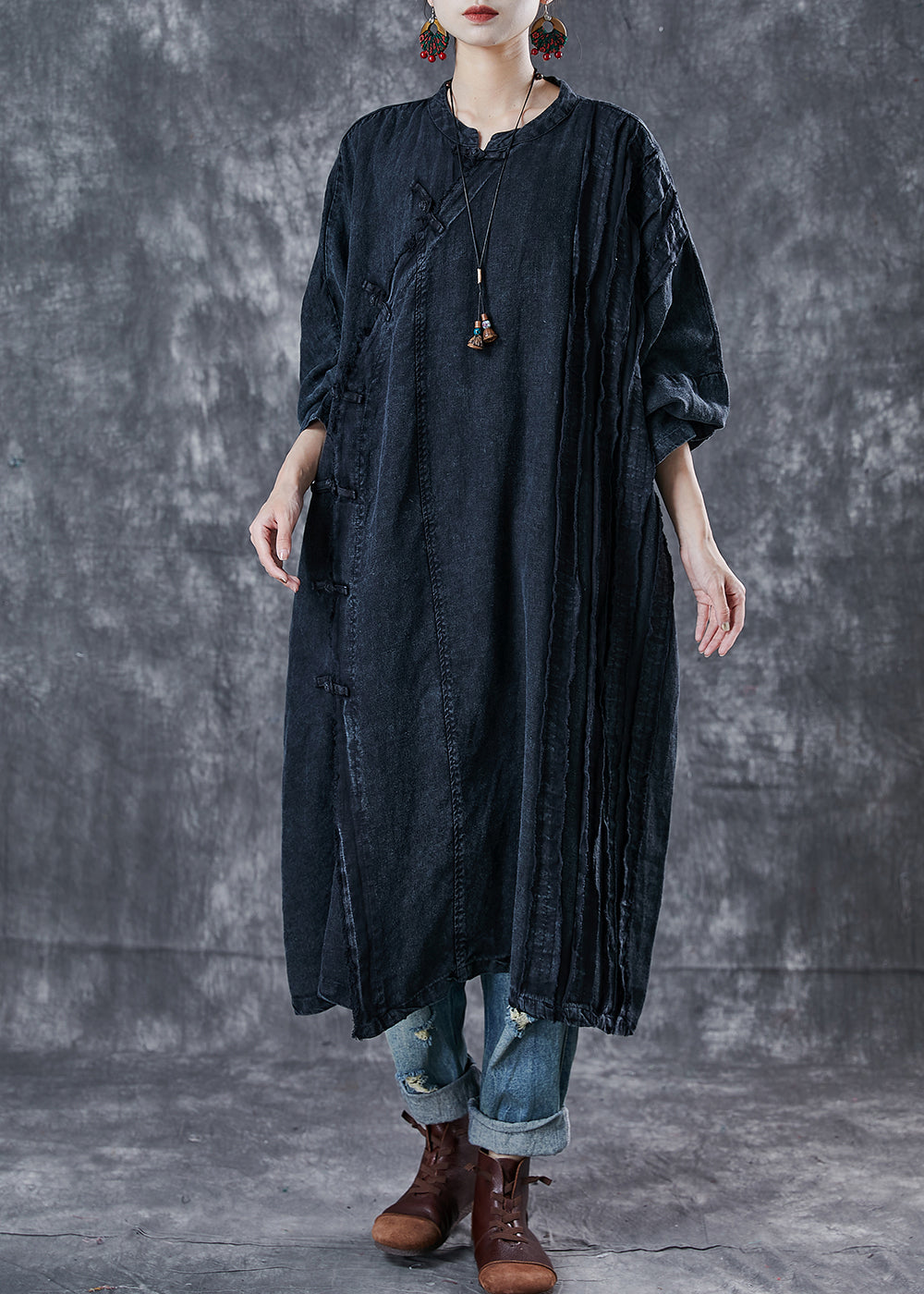 Black Oversized Wrinkled Denim Oriental Dress Spring