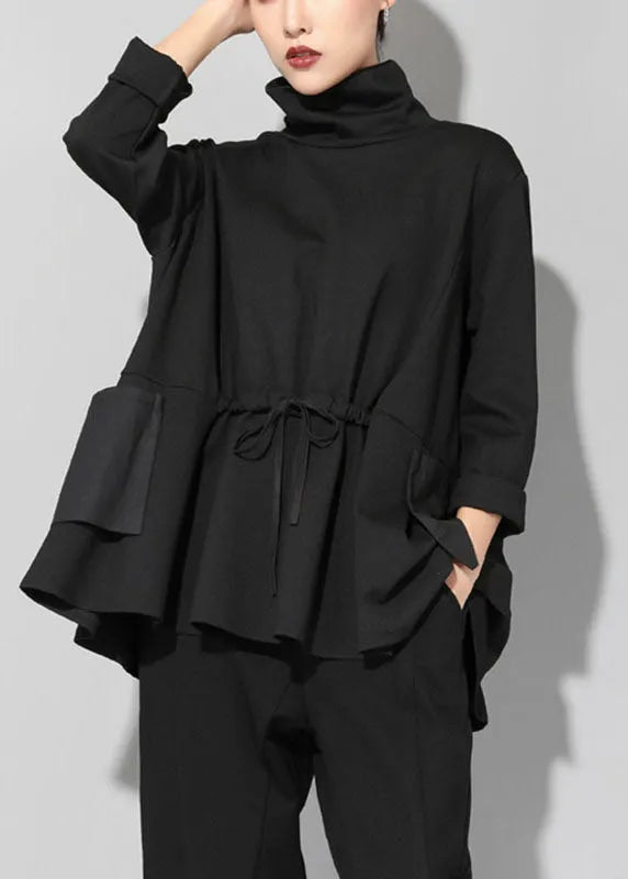 Handmade Black Turtleneck Patchwork Pockets Tie Waist Fall Top Long Sleeve
