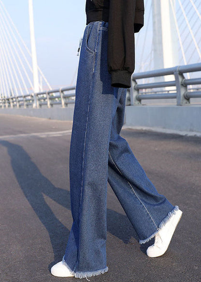 Blue Elastic Waist Drawstring Draping Cotton Denim Wide Leg Pants Summer