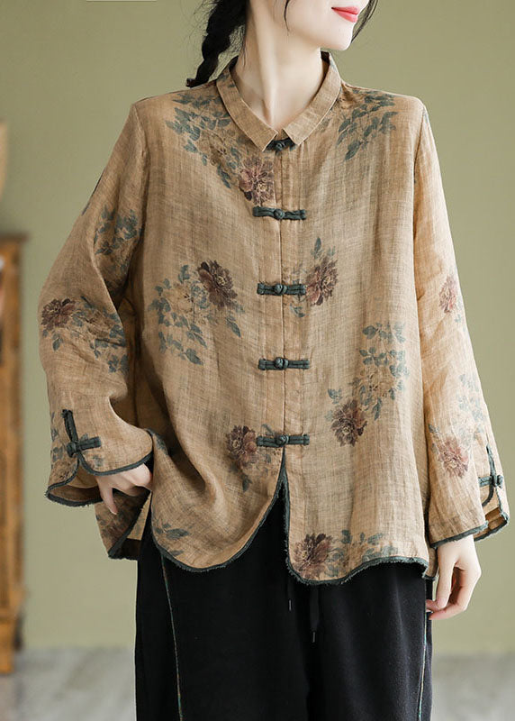 Coffee Peter Pan Collar Print Button Shirt Fall