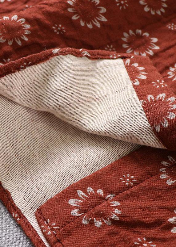 Organic Red Patchwork Pockets Button Fall Print Long Sleeve Dress