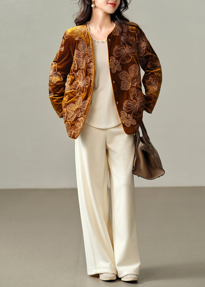 French Yellow Embroidered Fine Cotton Filled Silk Velvet Jacket Winter
