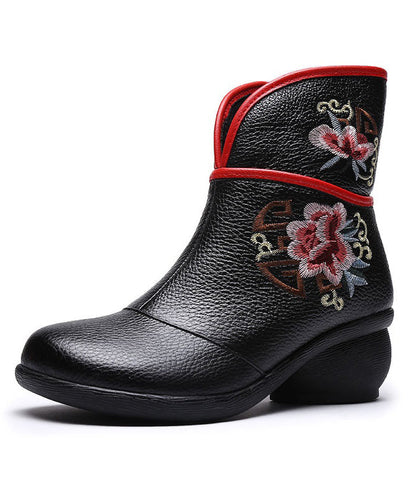 Embroidery Warm Fleece Boots Black Chunky Cowhide Leather