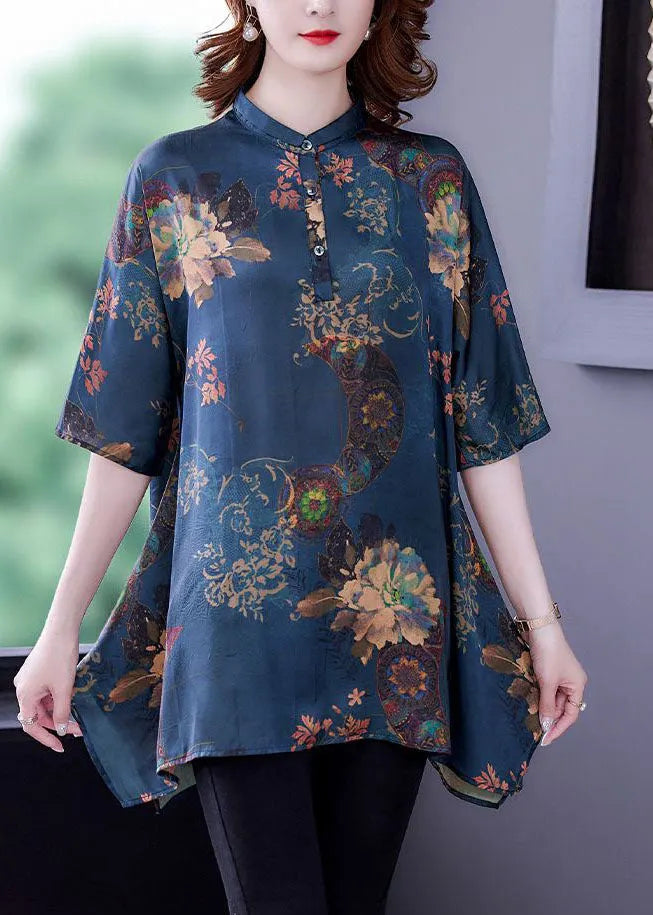Navy Stand Collar Print Silk Tops Half Sleeve