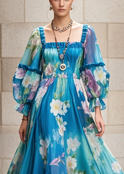 Unique Peacock Blue Ruffled Print Chiffon Holiday Dress Spring