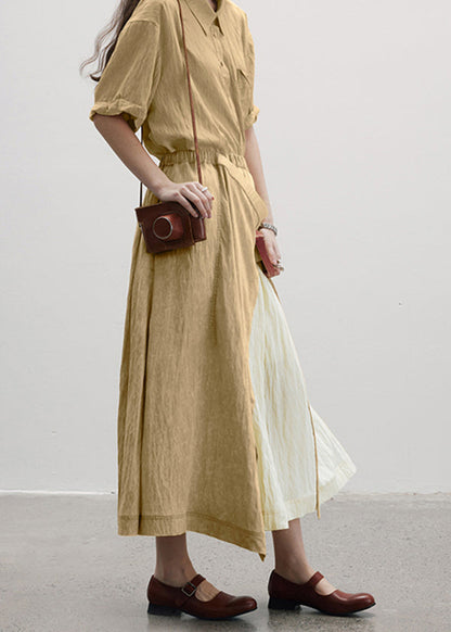 Camel Wrinkled Asymmetrical Patchwork Cotton Skirt Summer