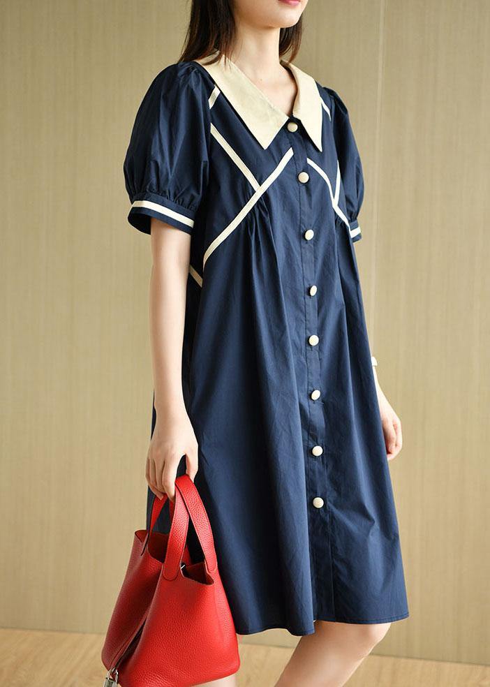 Navy Peter Pan Collar Button Summer Cotton Dress Short Sleeve