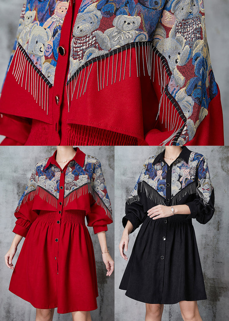 Black Tasseled Patchwork Cotton Dress Spring