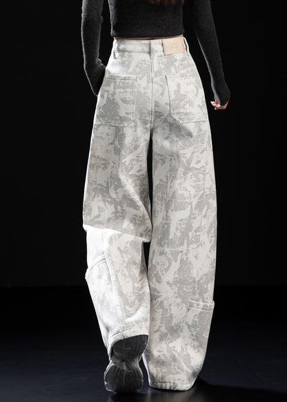 Italian White Tie Dye Patchwork Pockets Warm Fleece Pants Spring
