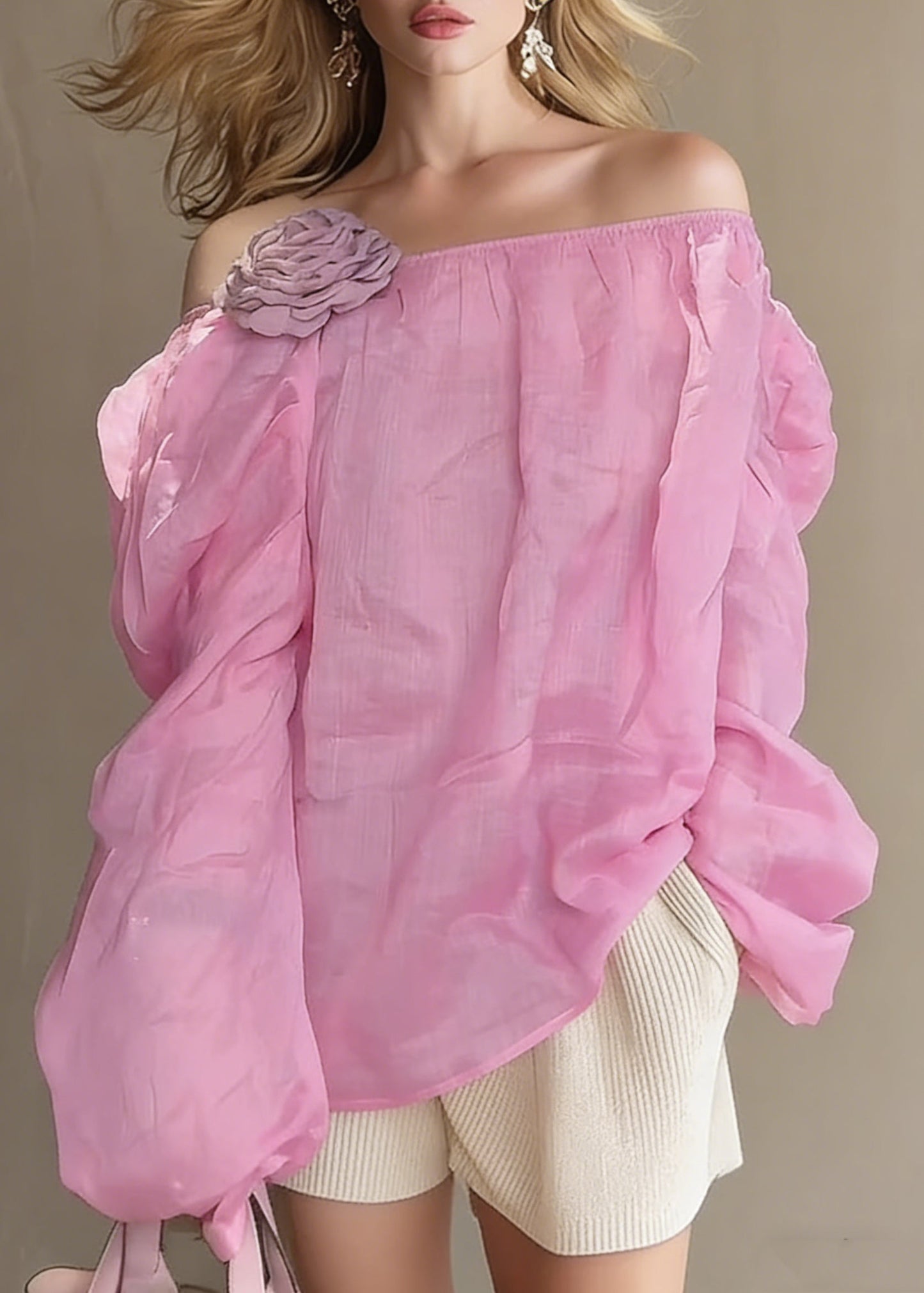 Loose Pink Slash Neck Cotton Blouses Spring