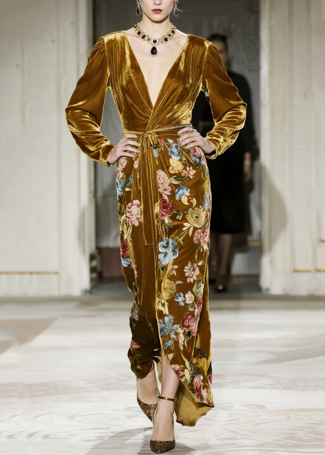 Yellow V Neck Print Velvet Maxi Dresses Fall